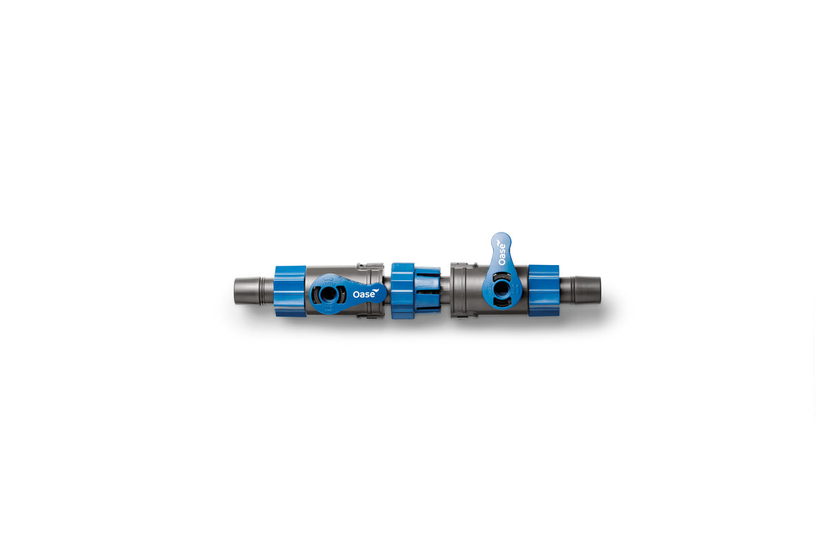 Rubinetto doppio ShutOff Valve Oase 16/22 mm per acquari, in plastica blu con manopole nere Rubinetto doppio ShutOff Valve Oase 16/22 mm per acquari, in plastica blu con manopole nere